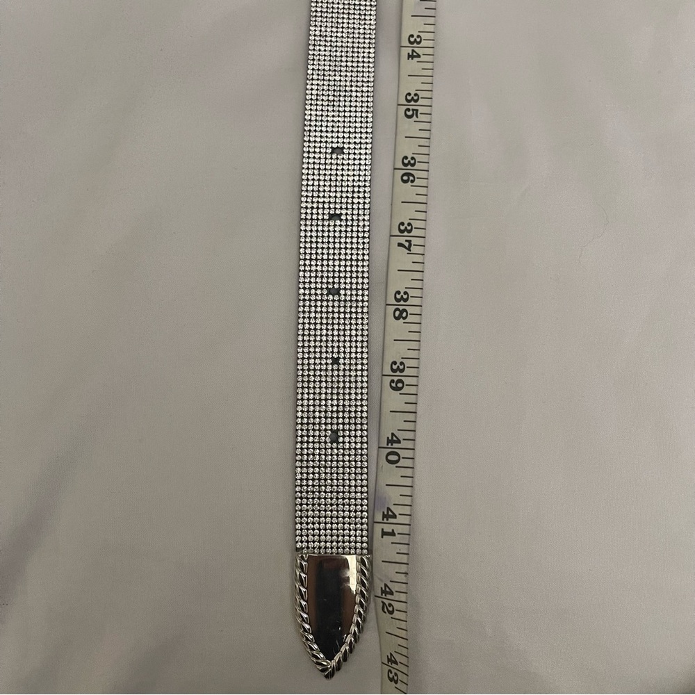 Silver tone double buckle skinny belt with rhinestones details - Picture 8 of 9